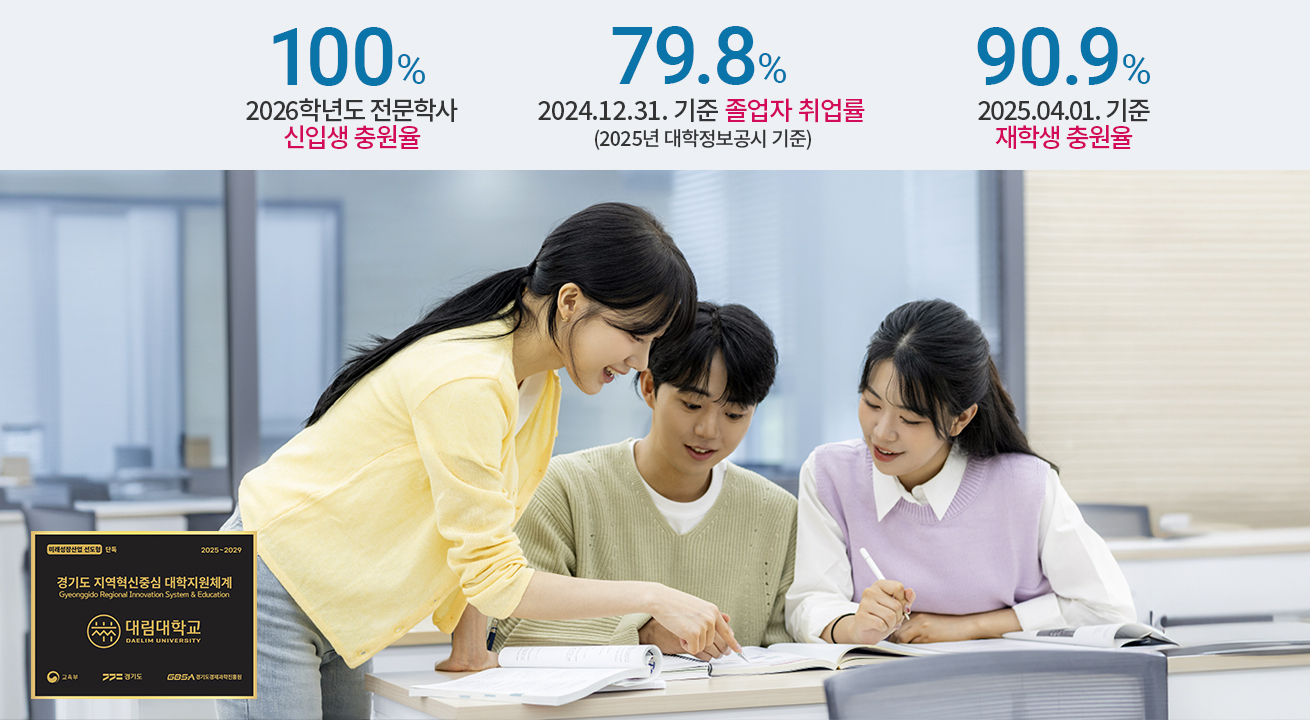 2026학년도 전문학사 신입생 충원율 100%/2024.12.31. 기준 졸업자 취업률 79.8%(2025년 대학정보공시 기준)/2025.04.01. 기준 재학생 충원율 90.9%