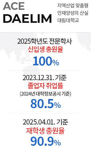 ACE DAELIM 지역산업 맞춤형 인재양성의 산실 대림대학교/2025학년도 전문학사 신입생 충원율 100%

2023.12.31. 기준 졸업자 취업률 80.5%
(2024년 대학정보공시 기준)

2025.04.01. 기준 재학생 충원율 90.9%